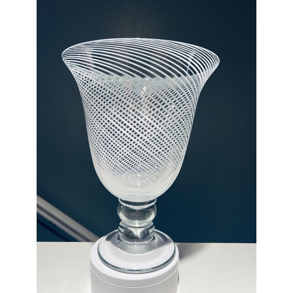 Hand-Blown Art Glass Pedestal Vase|White Swirl Lattice|Murano Style Modern Decor
